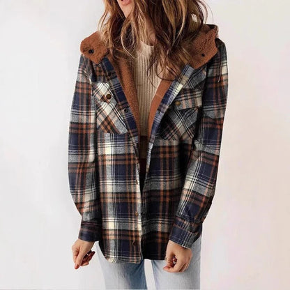 Women's Shirt – Checkered – Relaxed Fit – Lined with Fleece – Hood – Button Closure