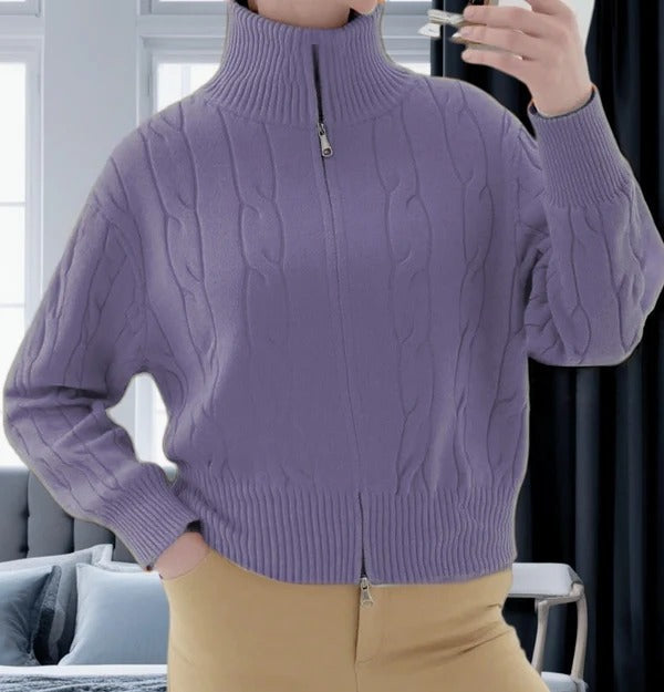 Women's Pullover Sweater – Relaxed Fit – High Collar with Zipper – Cable Knit