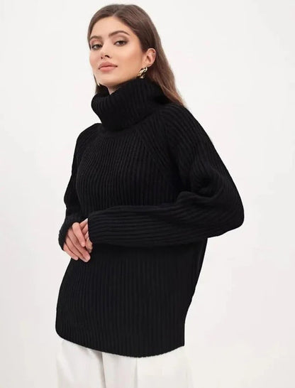 Women's Knit Sweater – Relaxed Fit – High Turtleneck – Soft Ribbed Wool Texture