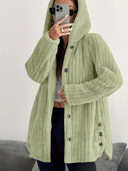 Women's Coat – Oversize Fit – Hood – Soft Texture – Button Closure – Mid-Length