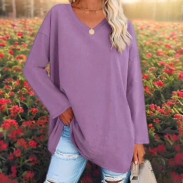 Women's Shirt with Long Sleeves – Oversized Fit – Soft Cotton – V-neck Casual Style