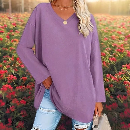 Women's Shirt with Long Sleeves – Oversized Fit – Soft Cotton – V-neck Casual Style