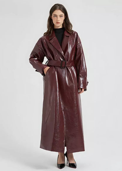 Women's Trench Coat – Slim Fit – Glossy Vegan Leather – Full Length – Classic Collar