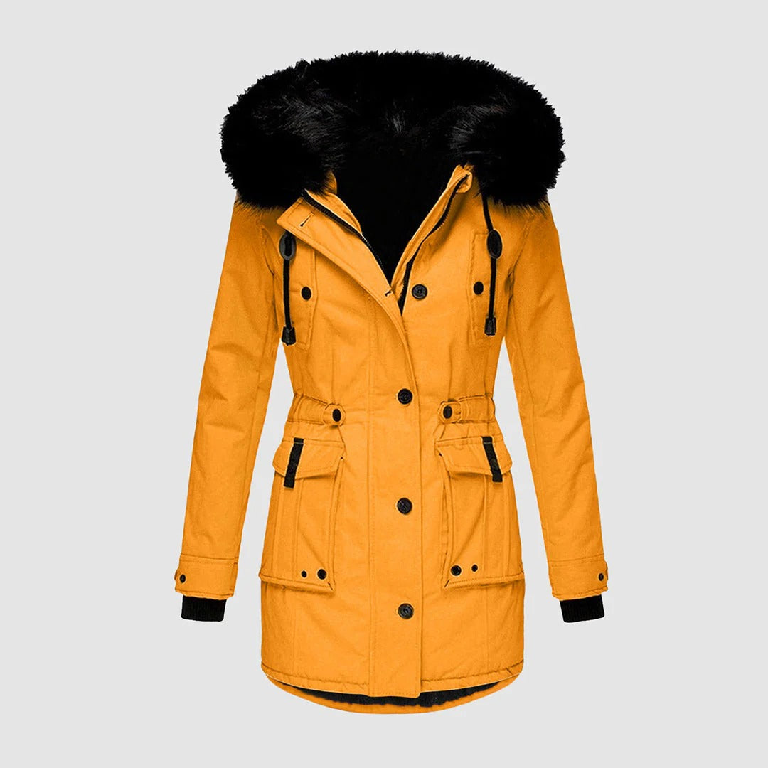 Women's Long Coat – Tailored Fit – Faux Fur Hood – Belt – Outdoor Comfort