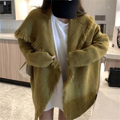 Women's Cardigan – Oversized Fit – Knitted – Open Front – Raw Edges – Long Sleeved