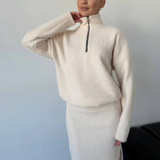 Women's Pullover Sweater – Loose Fit – Wool Blend – Half Zip Mock Neck – Hip Length