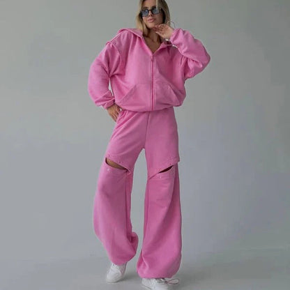 Women's Loungewear Set – Relaxed Fit – Zip-Up Hoodie – Wide Pants with Cut-Outs