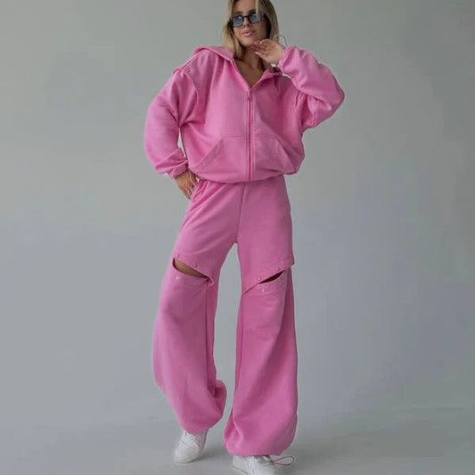 Women's Loungewear Set – Relaxed Fit – Zip-Up Hoodie – Wide Pants with Cut-Outs