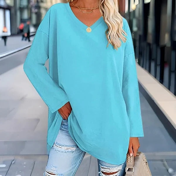 Women's Shirt with Long Sleeves – Oversized Fit – Soft Cotton – V-neck Casual Style
