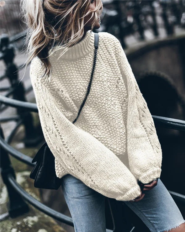 Women's Pullover Sweater – Oversize Fit – Chunky Knit – Turtleneck with Eyelet Details