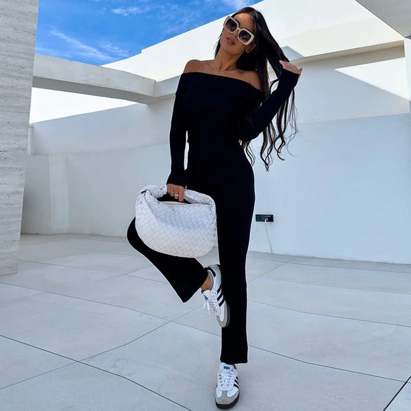 Women's Jumpsuit – Slim Fit – Off-Shoulder – Stretch Knit – Full Length – Flared Legs