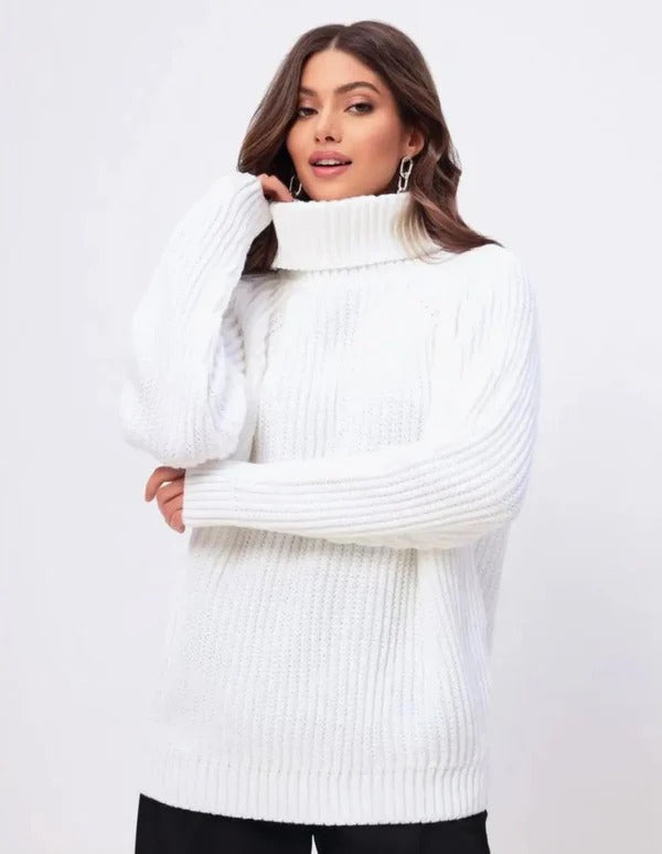 Women's Knit Sweater – Relaxed Fit – High Turtleneck – Soft Ribbed Wool Texture