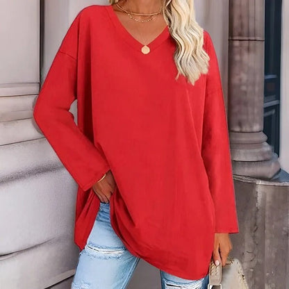 Women's Shirt with Long Sleeves – Oversized Fit – Soft Cotton – V-neck Casual Style