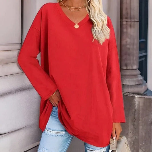 Women's Shirt with Long Sleeves – Oversized Fit – Soft Cotton – V-neck Casual Style