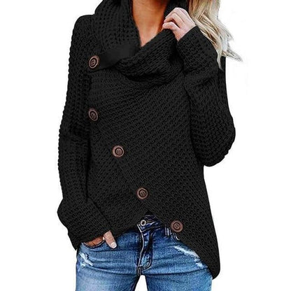 Women's Sweater – Relaxed Fit – Waffle Knit – Cowl Neck – Asymmetric Button Closure