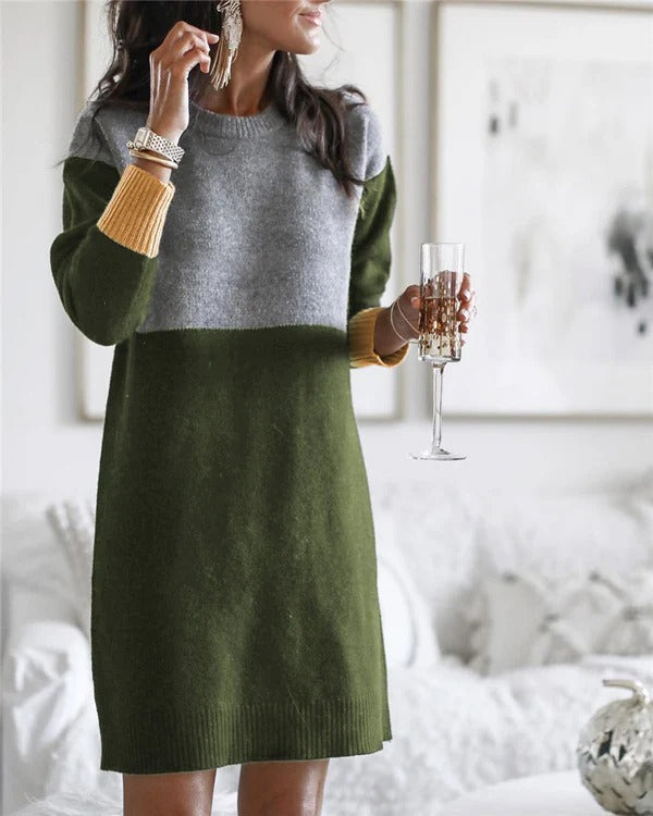 Dress for Women – Knit – Relaxed Fit – Long Sleeves – Color Block Pattern
