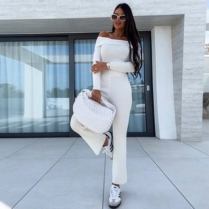 Women's Jumpsuit – Slim Fit – Off-Shoulder – Stretch Knit – Full Length – Flared Legs