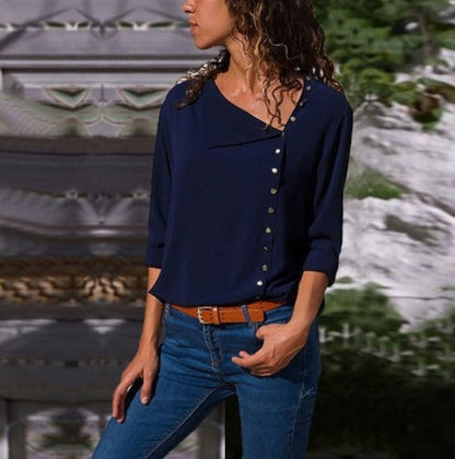Women's Shirt Top – Loose Fit – Asymmetric Button Detail – Long Sleeves Casual