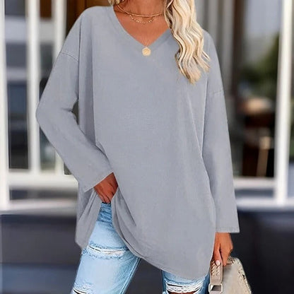 Women's Shirt with Long Sleeves – Oversized Fit – Soft Cotton – V-neck Casual Style