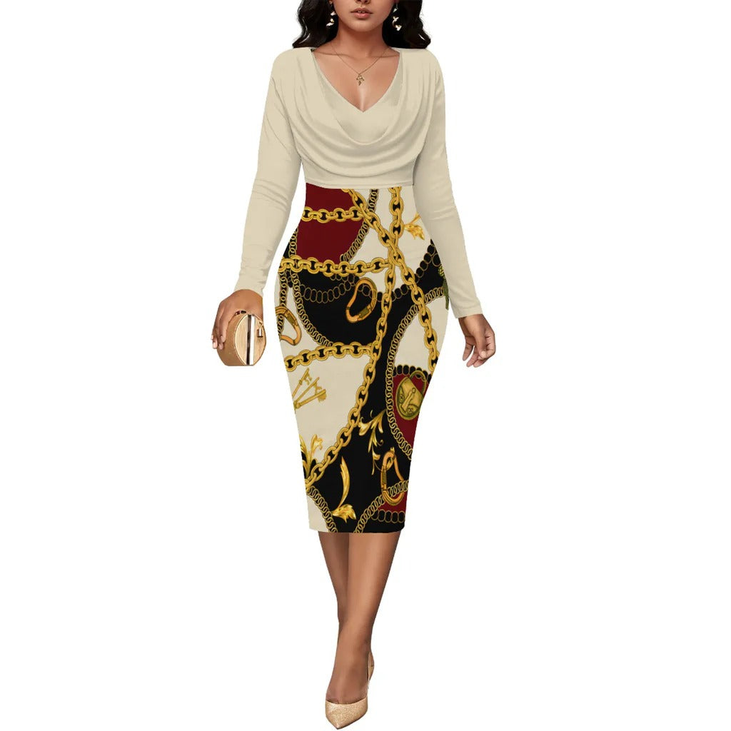 Dress for Women – Midi Length – Fitted Fit – Wrap Neckline – Long Sleeves – Chain Pattern