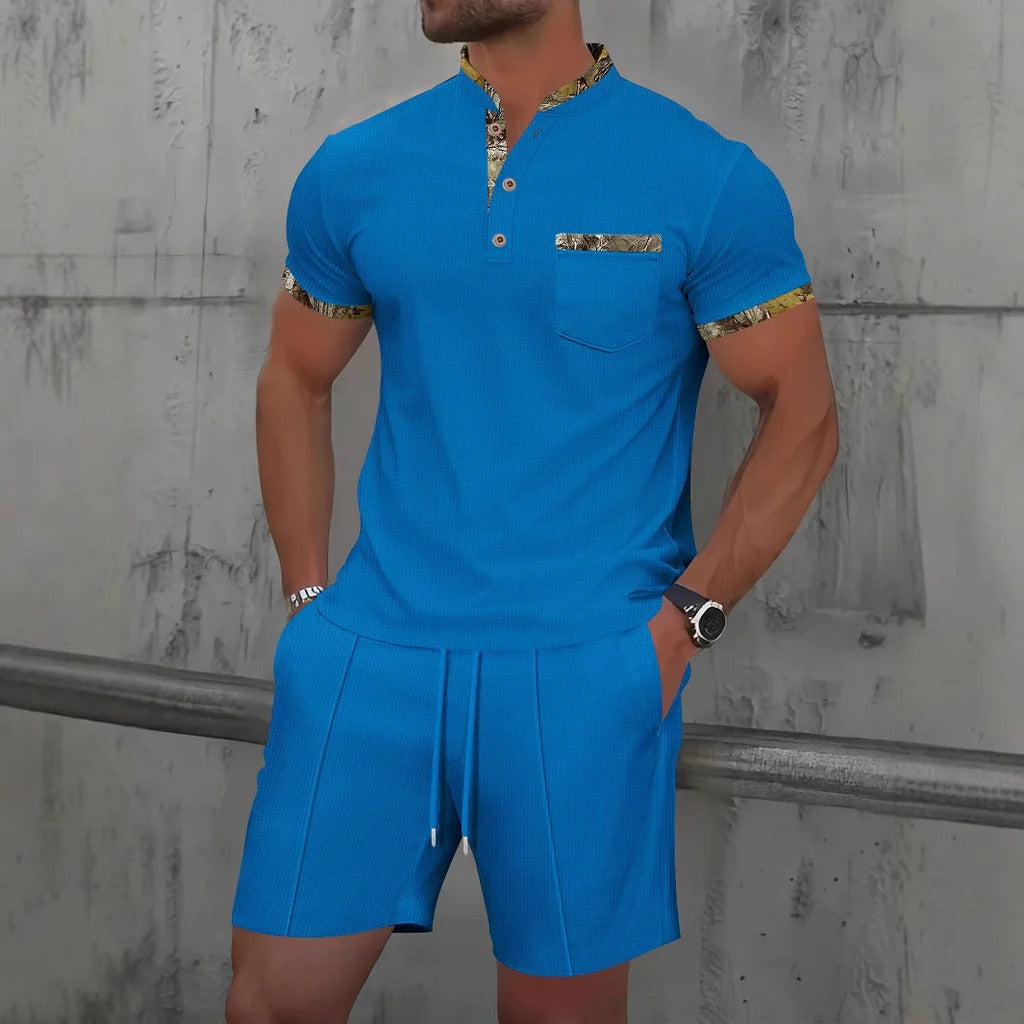 Men's Set – Slim Fit – Short-Sleeved Shirt with Mandarin Collar – Soft and Breathable – Matching Drawstring Shorts