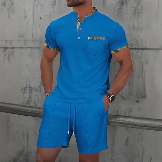 Men's Set – Slim Fit – Short-Sleeved Shirt with Mandarin Collar – Soft and Breathable – Matching Drawstring Shorts