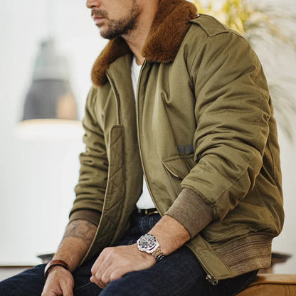 Men’s Bomber Jacket - Woven Fabric - Faux Fur Collar - Ribbed Cuffs and Hem