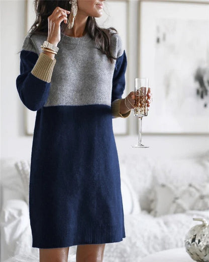 Dress for Women – Knit – Relaxed Fit – Long Sleeves – Color Block Pattern