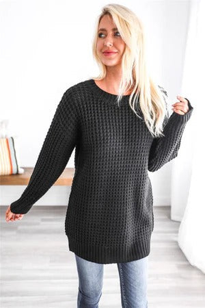 Women's Knit Sweater – Oversized Fit – Chunky Knit – Honeycomb Texture – Ribbed Edges