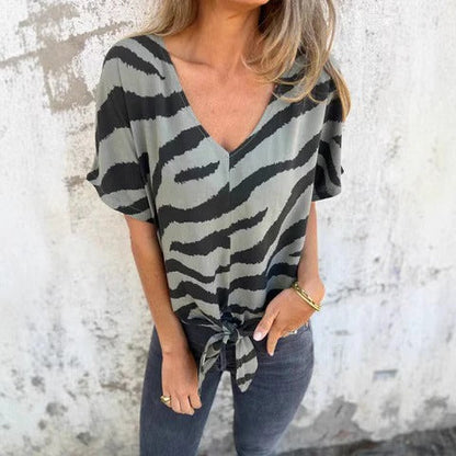 Women's Blouse – Relaxed Fit – V-Neck – Tie – Short Sleeve – Breathable Fabric