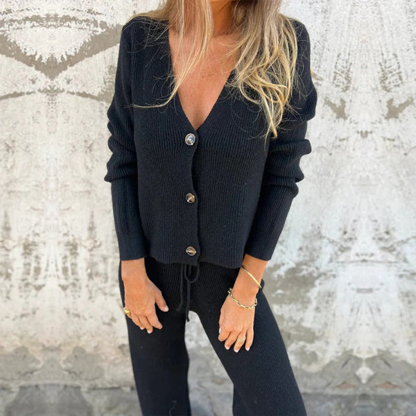 Women's Loungewear Set – Soft Knit – Relaxed Fit – Button Closure – Drawstring Waist