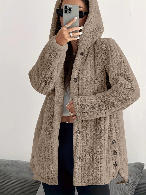 Women's Coat – Oversize Fit – Hood – Soft Texture – Button Closure – Mid-Length