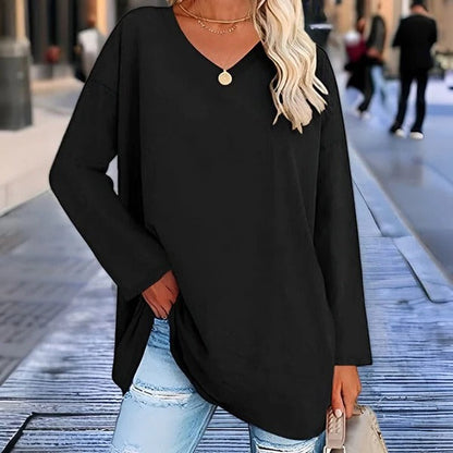 Women's Shirt with Long Sleeves – Oversized Fit – Soft Cotton – V-neck Casual Style