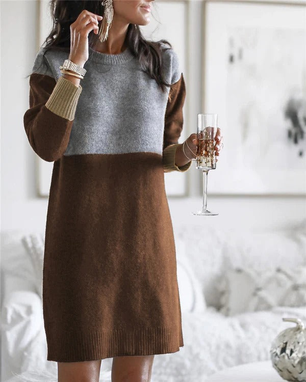 Dress for Women – Knit – Relaxed Fit – Long Sleeves – Color Block Pattern