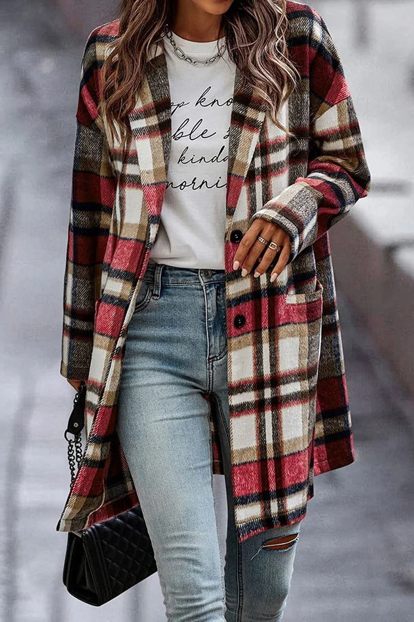 Women's Coat – Oversized Fit – Wool Texture – Plaid Pattern – With Button Closure