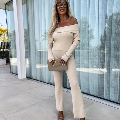 Women's Jumpsuit – Slim Fit – Off-Shoulder – Stretch Knit – Full Length – Flared Legs