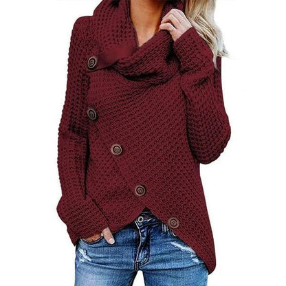Women's Sweater – Relaxed Fit – Waffle Knit – Cowl Neck – Asymmetric Button Closure