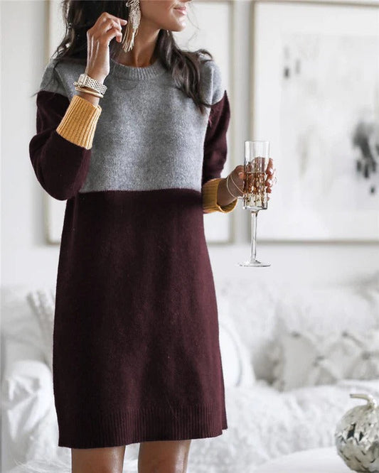 Dress for Women – Knit – Relaxed Fit – Long Sleeves – Color Block Pattern