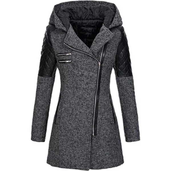 Women’s Coat - Woven Blend - Tailored Fit - Mid-Thigh Length - Hooded - Asymmetrical Zip