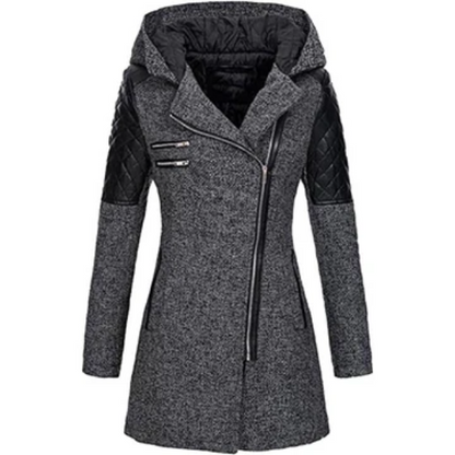 Women’s Coat - Woven Blend - Tailored Fit - Mid-Thigh Length - Hooded - Asymmetrical Zip