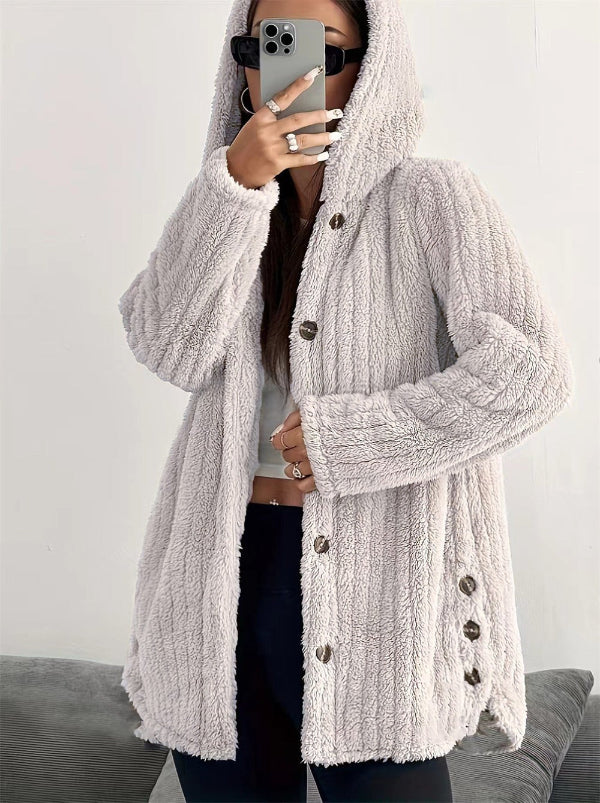 Women's Coat – Oversize Fit – Hood – Soft Texture – Button Closure – Mid-Length