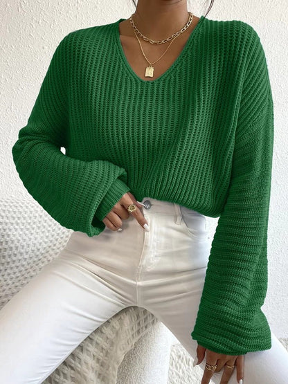 Women's Knit Sweater – Relaxed Fit – V-Neck – Rib Knit – Long Sleeves Comfort Style