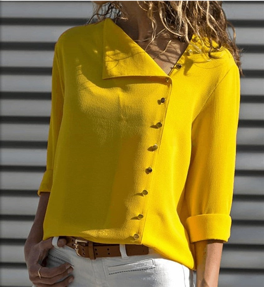 Women's Shirt Top – Loose Fit – Asymmetric Button Detail – Long Sleeves Casual