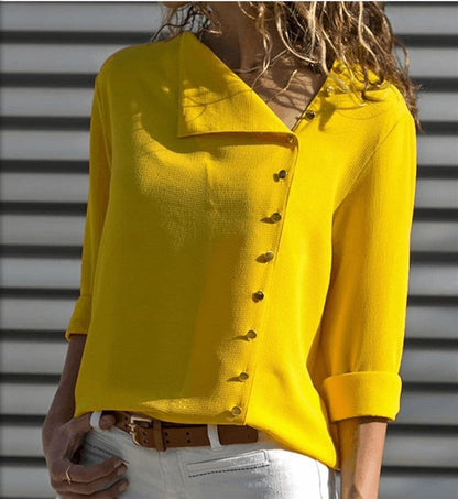 Women's Shirt Top – Loose Fit – Asymmetric Button Detail – Long Sleeves Casual