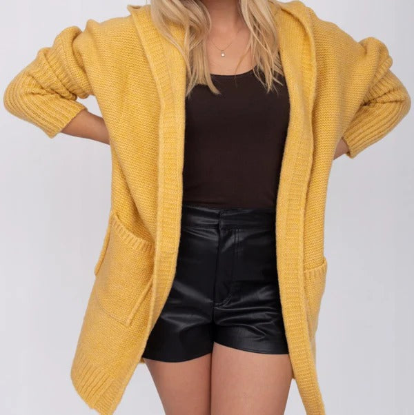 Women's Cardigan – Oversized Fit – Knitted Wool Look – Hood – Pockets – Long Sleeves