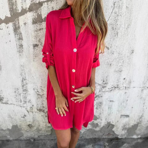 Women's Shirt Dress – Relaxed Fit – Button Closure – Breathable Blend – Rolled-Up Sleeves