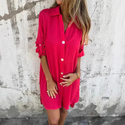 Women's Shirt Dress – Relaxed Fit – Button Closure – Breathable Blend – Rolled-Up Sleeves