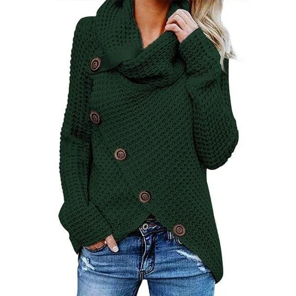 Women's Sweater – Relaxed Fit – Waffle Knit – Cowl Neck – Asymmetric Button Closure
