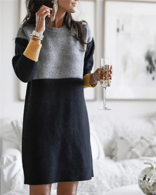Dress for Women – Knit – Relaxed Fit – Long Sleeves – Color Block Pattern