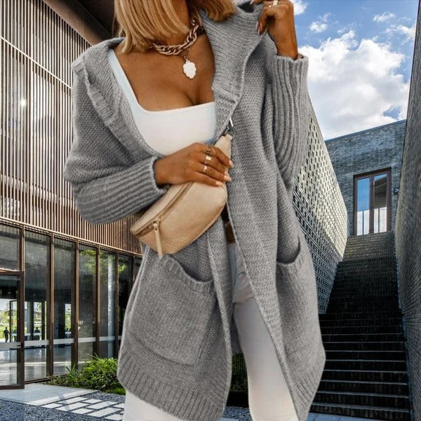 Women's Cardigan – Oversized Fit – Knitted Wool Look – Hood – Pockets – Long Sleeves